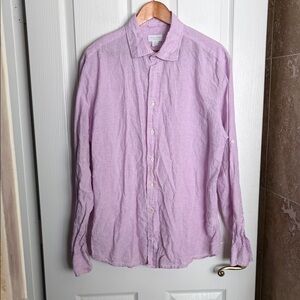 Linda Rosso Signature Pink Check Button-Up Linen Shirt